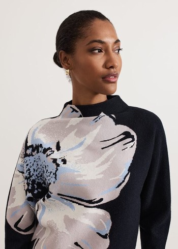 Phase Eight Bessie Blue Floral Placement Knitwear Navy USA | 4762098-RM